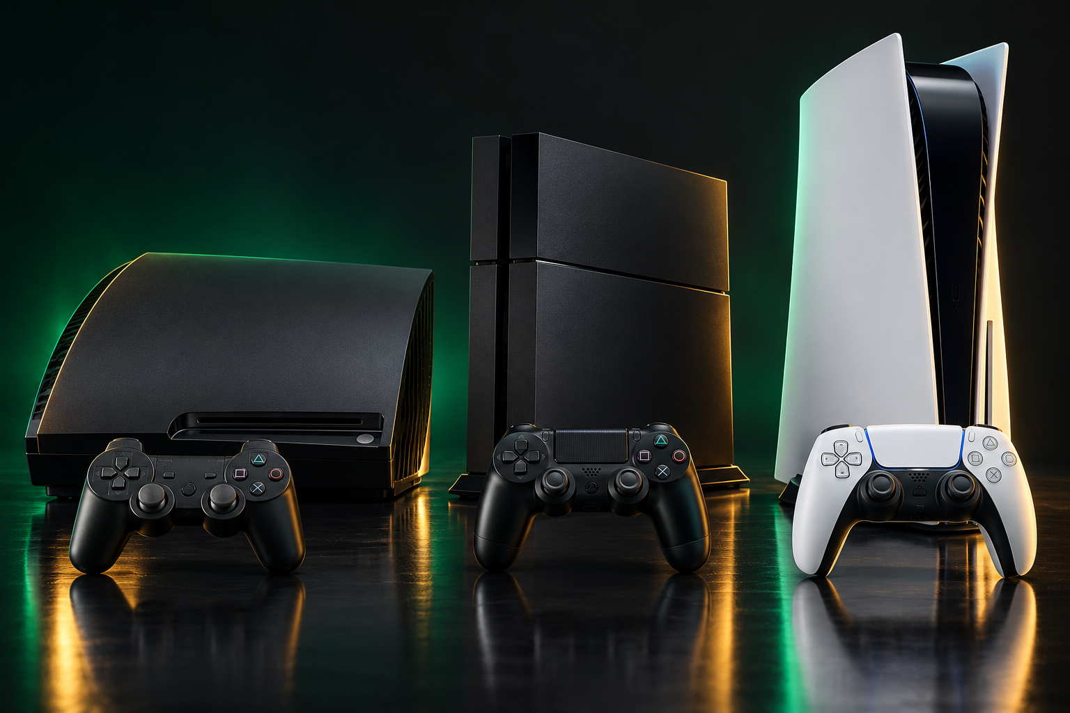 Três gerações de consoles PlayStation e seus controles, em uma composição de apresentação.